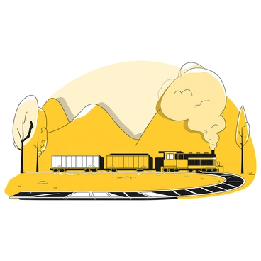 A cargo train journeying through a misty morning landscape with limited visibility