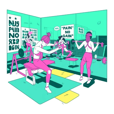 A teal retro-style gym is filled with various workout equipment from the 1980s. In the foreground, a group of individuals in vibrant pink workout gear is engaged in shoulder presses. One person is wearing a headband and wristbands, while another has leg warmers on. The walls are adorned with motivational posters featuring quotes like "No Pain, No Gain." In the background, there are mirrors reflecting the energetic atmosphere, and the floor is covered with a bright yellow rubber mat.