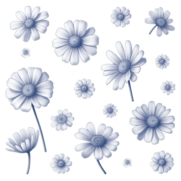 A seamless pattern featuring multiple calendula flowers. The flowers are depicted in a stylized manner, with distinct petals radiating outward from a central hub. The arrangement includes various sizes of the flowers, creating visual interest. The background is a soft, textured surface that complements the flowers, forming a cohesive design. The overall composition appears balanced and harmonious, with the calendula flowers evenly distributed throughout the pattern.