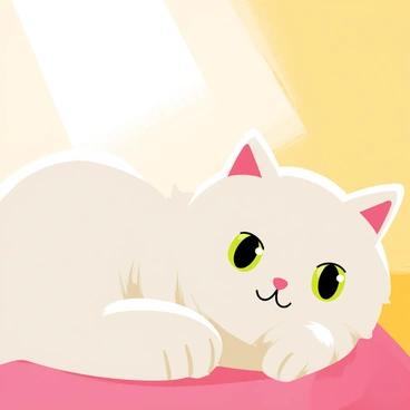 A digital portrait of a fluffy cat with bright green eyes. The cat is lounging comfortably in a warm sunbeam that casts soft highlights on its fur. Its ears are perked up, and it has a relaxed expression on its face. The background features a simple, pastel-colored wall with a hint of texture to emphasize the warmth of the sunlight.