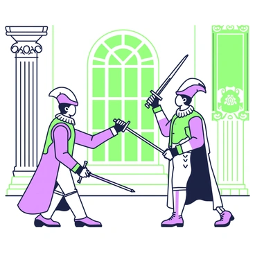 Two noblemen are standing in a grand hall, both dressed in elaborate formal attire. One nobleman has a feathered hat and holds a sword, poised for the duel. The other nobleman, wearing a long coat and a ruffled collar, is also ready with his sword raised. The hall features tall, ornate columns and intricate decorations on the walls. In the background, there are large arched windows allowing light to filter in, illuminating the scene. A rich tapestry hangs on one wall, adding to the grandeur of the setting.