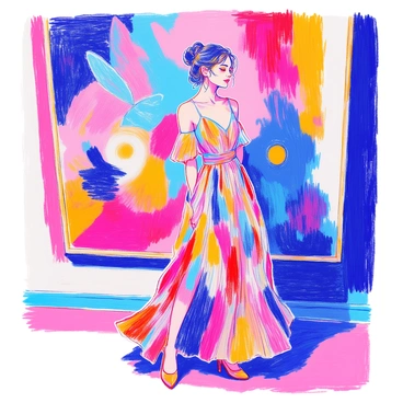 A model stands in front of a large abstract painting filled with vibrant colors and bold brush strokes. She is wearing a flowing Issey Miyake dress that features hues that mirror the artwork behind her, including deep blues, vibrant reds, and bright yellows. The dress has unique pleats that catch the light, creating texture. The model has her hair styled in an elegant updo, and her expression is confident and poised. The setting is illuminated with soft lighting that enhances the colors of the painting and the dress.