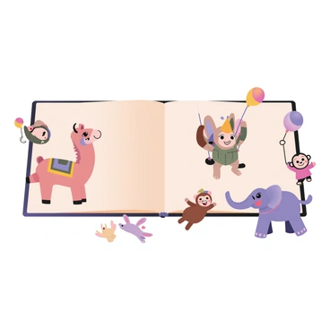 A digital flat illustration depicting a whimsical parade of various animals along the margins of a children's storybook. On the left, a colorful llama with a vibrant, patterned blanket draped over its back is prancing joyfully. Next to it, a playful elephant with oversized ears and a small party hat is balancing on one foot, holding a balloon in its trunk. A cheerful monkey swings from the top corner, grinning widely, while a group of fluffy rabbits hop along the bottom margin, enjoying the festivities. Each animal is adorned with playful accessories, adding to the lively atmosphere of the parade. Bright and cheerful colors dominate the scene, creating a lively and engaging visual for young readers.
