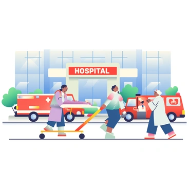 A hospital annex building with a modern design is depicted in the foreground. Several emergency vehicles, including an ambulance and a fire truck, are parked outside the entrance. Medical staff are actively moving around; one nurse with short black hair is wheeling a stretcher towards the building, while a doctor in a white coat is discussing a case with another nurse. The scene is bustling with activity, showcasing the urgency of a medical environment. In the background, there are large glass windows that reflect the bright daylight.