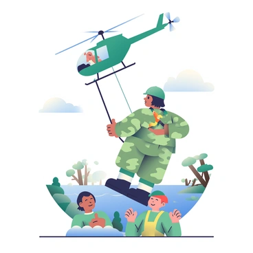 A soldier wearing a camouflage uniform and a helmet is assisting in a helicopter rescue operation. The soldier has short black hair and is holding onto a rescue rope with both hands. The helicopter is hovering above, with its blades creating a wind effect that ruffles the soldier's uniform. Below, a landscape affected by a natural disaster is visible, showcasing uprooted trees and flooded areas. On the ground, a few people are waiting for rescue, looking up toward the helicopter with expressions of hope. The sky above is overcast, indicating the aftermath of the disaster.