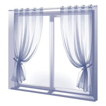 A lace curtain is hanging in a window, partially open, allowing a soft breeze to flow through. The fabric of the curtain features intricate, delicate patterns that create a textured appearance. The edges of the curtain are slightly lifted and billowing outward, giving a sense of movement. Sunlight filters through the lace, casting gentle shadows on the window sill and the wall behind. The scene captures a tranquil moment, with the curtain gracefully swaying as the breeze continues to pass.