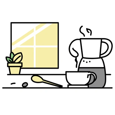 A steaming cup of coffee sits on a wooden kitchen counter. The cup is white with a simple design. Above it, a coffee maker is actively brewing, with coffee dripping into the carafe below. Warm light filters through a nearby window, illuminating the scene. On the counter, there are a few coffee beans scattered and a small potted plant nearby. A wooden spoon rests next to the cup, completing the homey atmosphere.