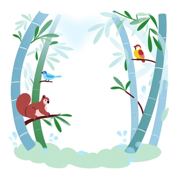 A bamboo forest filled with tall, slender stalks swaying gently. In the foreground, a squirrel with a fluffy tail is perched on a branch, surrounded by green leaves. Several colorful birds are perched on various bamboo branches, with vivid plumage in shades of blue, yellow, and red. The forest floor is covered with soft green moss and scattered bamboo leaves. Sunlight filters through the bamboo canopy, creating a warm, dappled light effect throughout the scene.