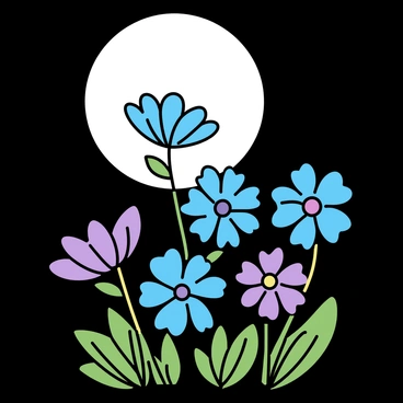 A cluster of anemone flowers, featuring delicate petals in shades of blue and purple, gathered in a lush green setting. The flowers are illuminated softly by the light of a full moon, casting a gentle glow on their surface. The background consists of dark, shadowy foliage that contrasts with the radiant blooms, enhancing their brightness. The scene conveys a tranquil night atmosphere, with the moonlight creating a serene ambiance around the anemones.