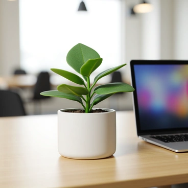 A small green plant with thick, glossy leaves sits in a round white ceramic pot on an office desk. The desk is made of light wood and has a smooth surface. Next to the plant, there is a sleek silver laptop, open and displaying a colorful screen. The background features a blurred office environment with soft lighting, creating a focused workspace atmosphere.