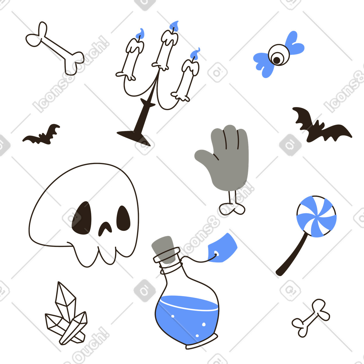 Illustration Crâne et potion avec bougies os, décoration d'halloween fournitures de fête dans le style Plain à télécharger aux formats PNG, SVG