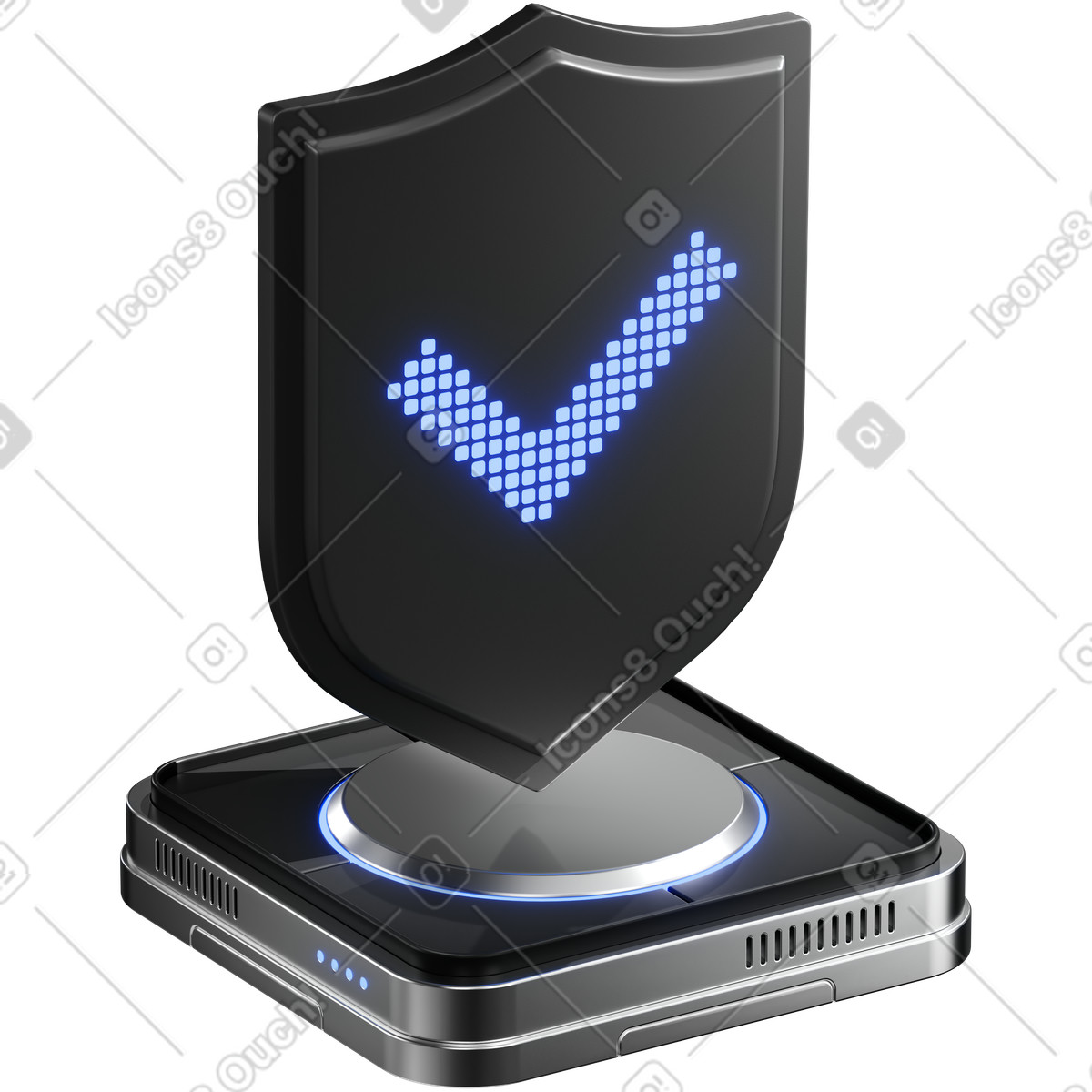 Shield security checkmark on futuristic smartphone platform for data protection-Illustration im 3D Metallic-Stil als Download in PNG, SVG