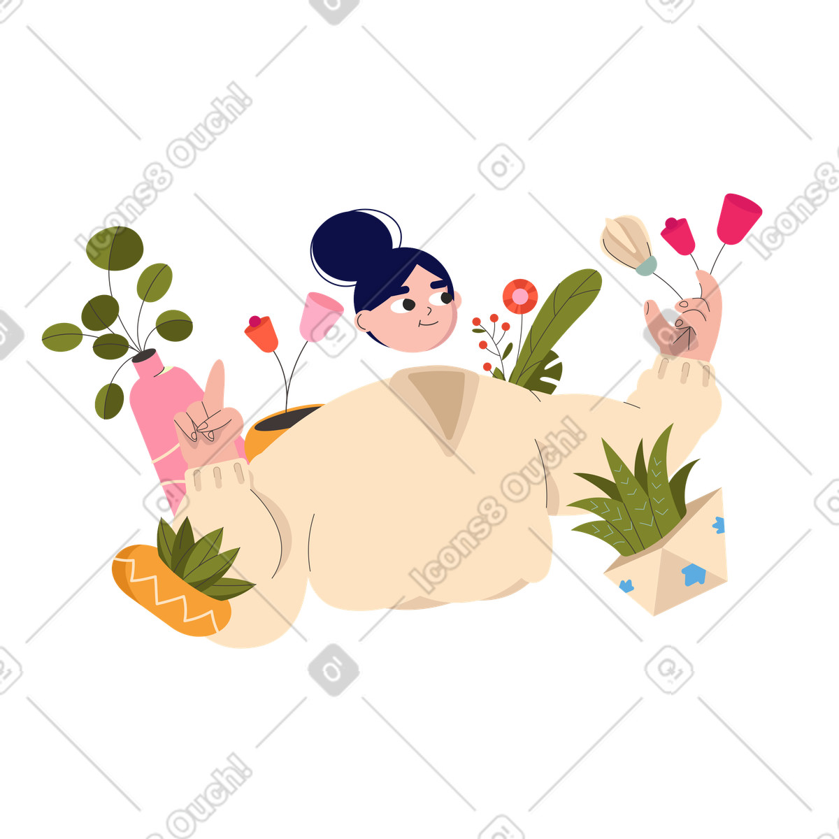 Ilustração de Florista rodeada flores em no estilo Dizzy para baixar em PNG, SVG