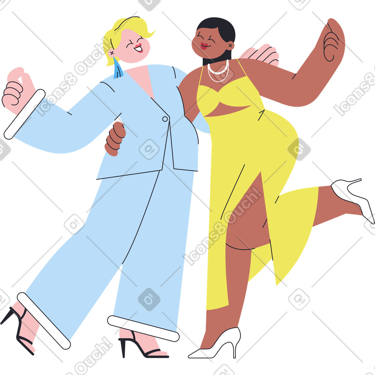 Two friends hugging and smiling illustration in Boba style download in PNG, SVG