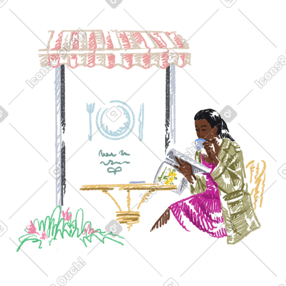 Sketchbook 스타일의 카페에서 커피를 마시고 잡지를 읽는 여자 일러스트레이션 PNG, SVG 다운로드