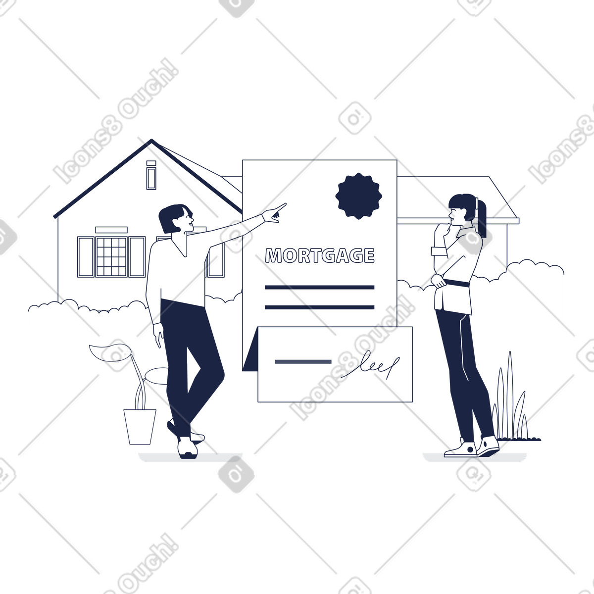 People with mortgage agreement contract illustration in Urban Line style download in PNG, SVG