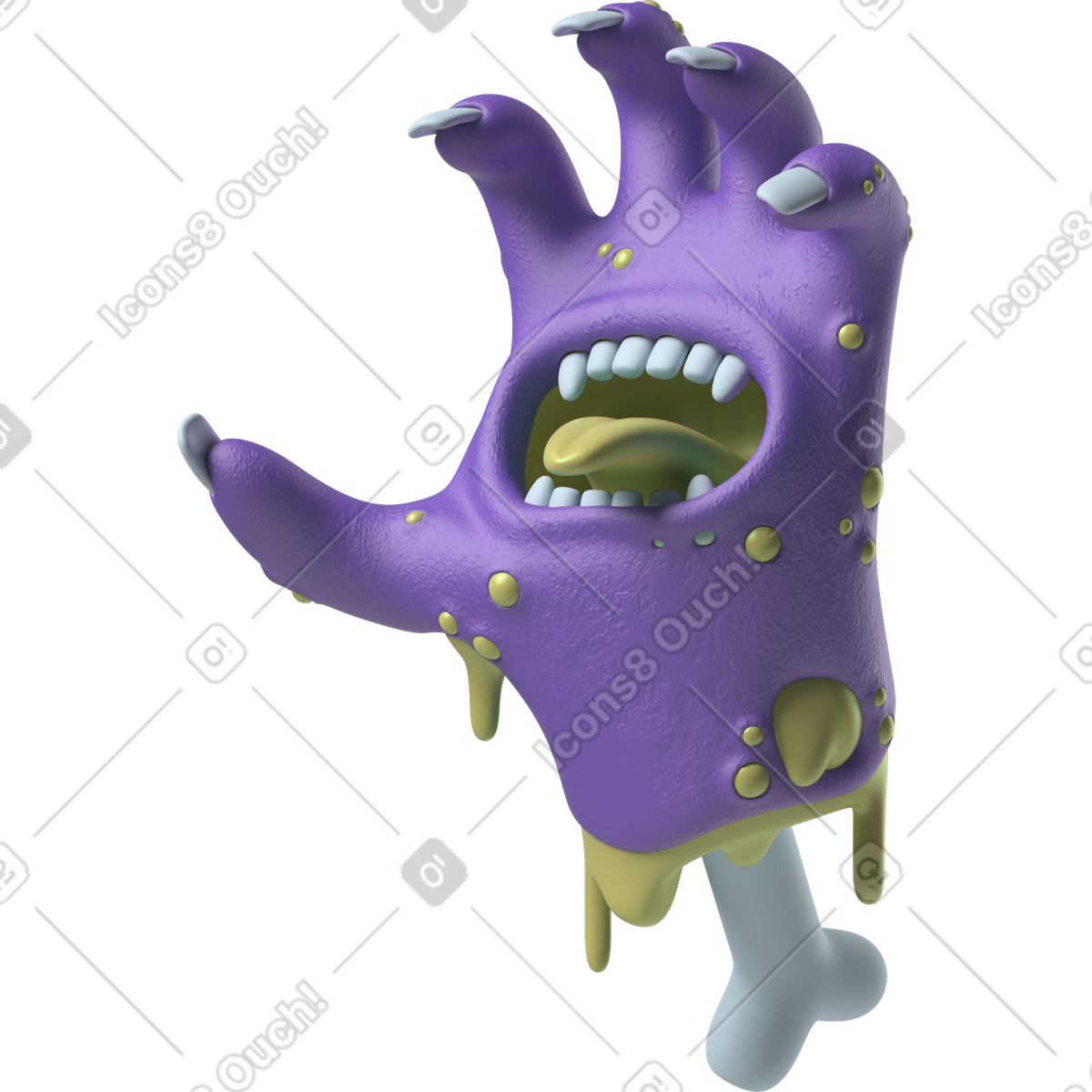 Screaming purple zombie hand with a mouth on the palm illustration in 3D Hands Fun&Wild style download in PNG, SVG
