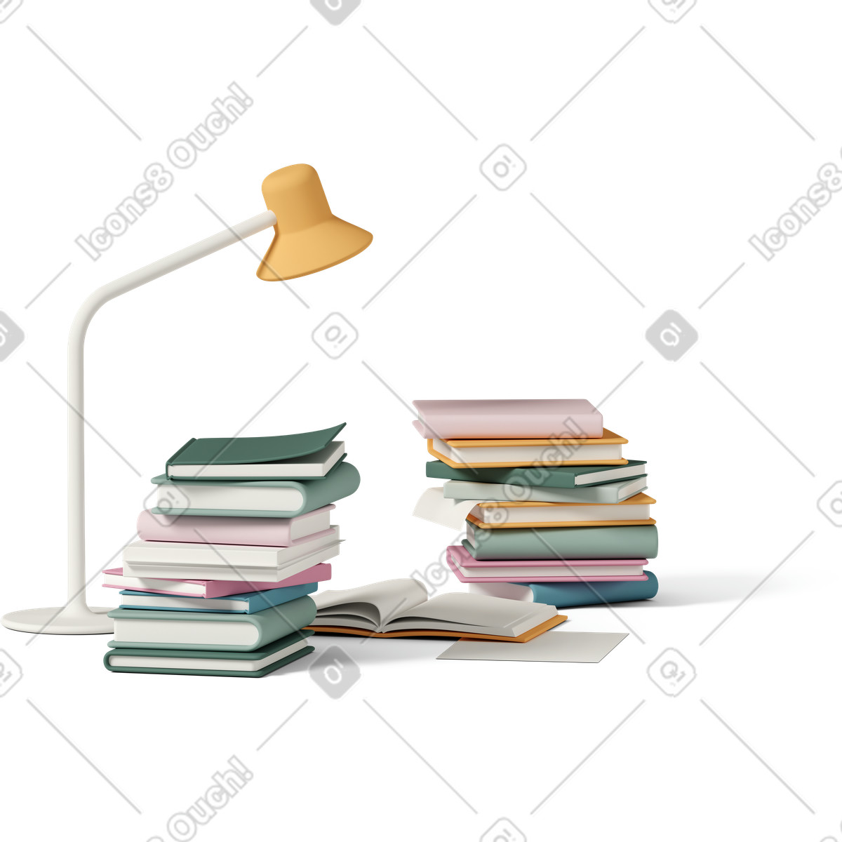 Workplace with stacks of books illustration featuring clipart images in PNG, SVG