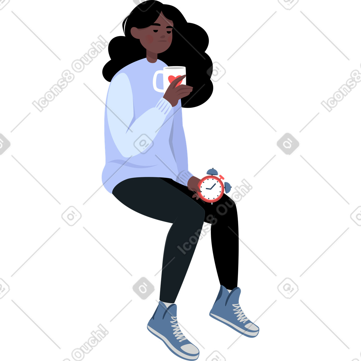 Ilustración Sad girl sitting with mug and alarm clock en estilo Lagom a descargar en PNG y SVG
