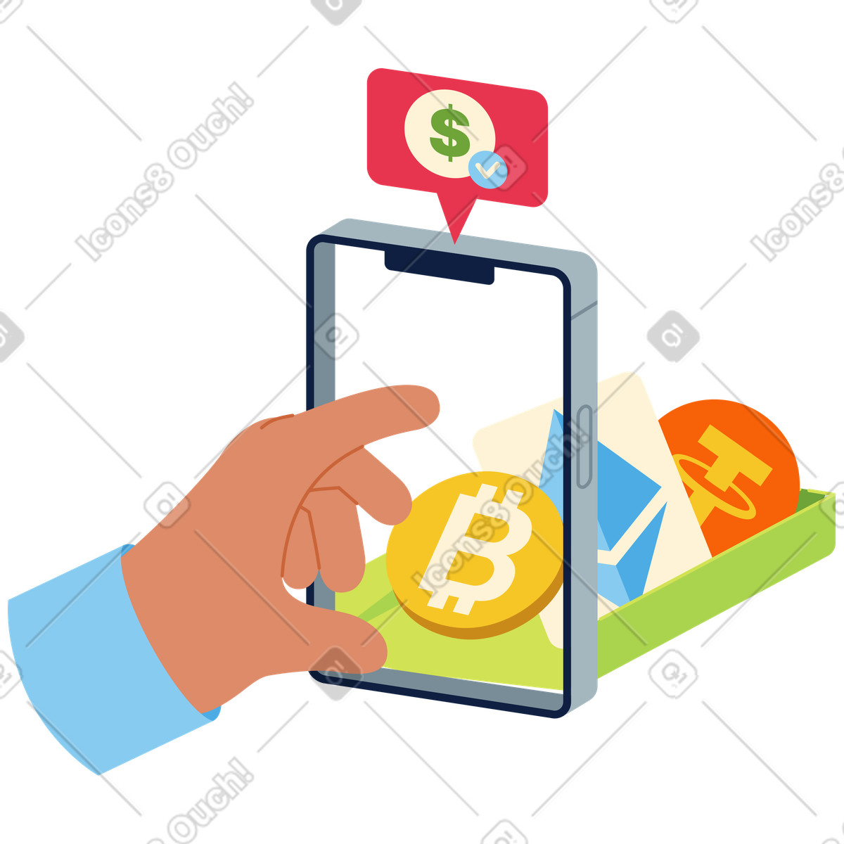 Buying cryptocurrency on mobile phone illustration in PNG, SVG