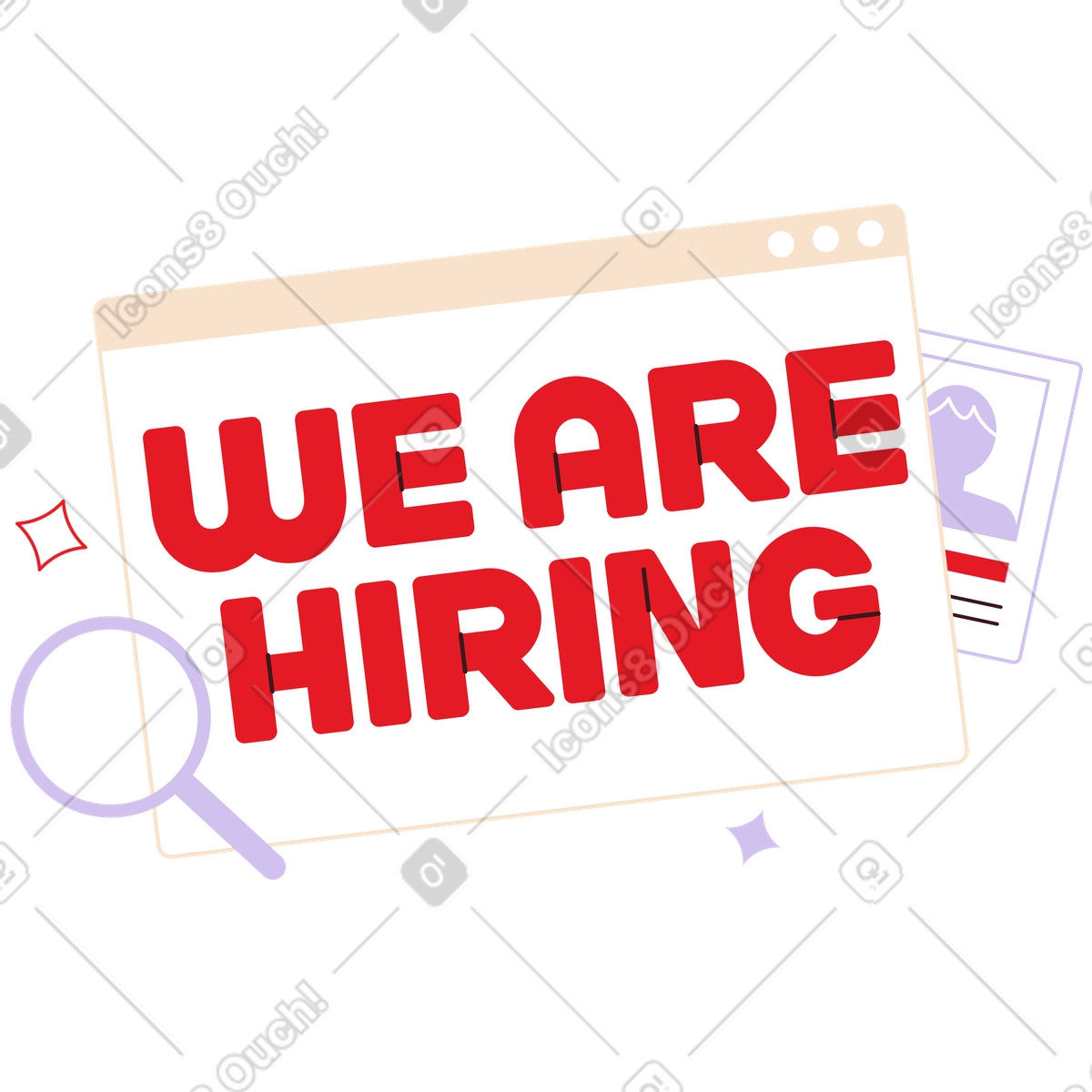We Are Hiring sign with magnifier and resume, Human resources recruiting illustration in Folks style download in PNG, SVG