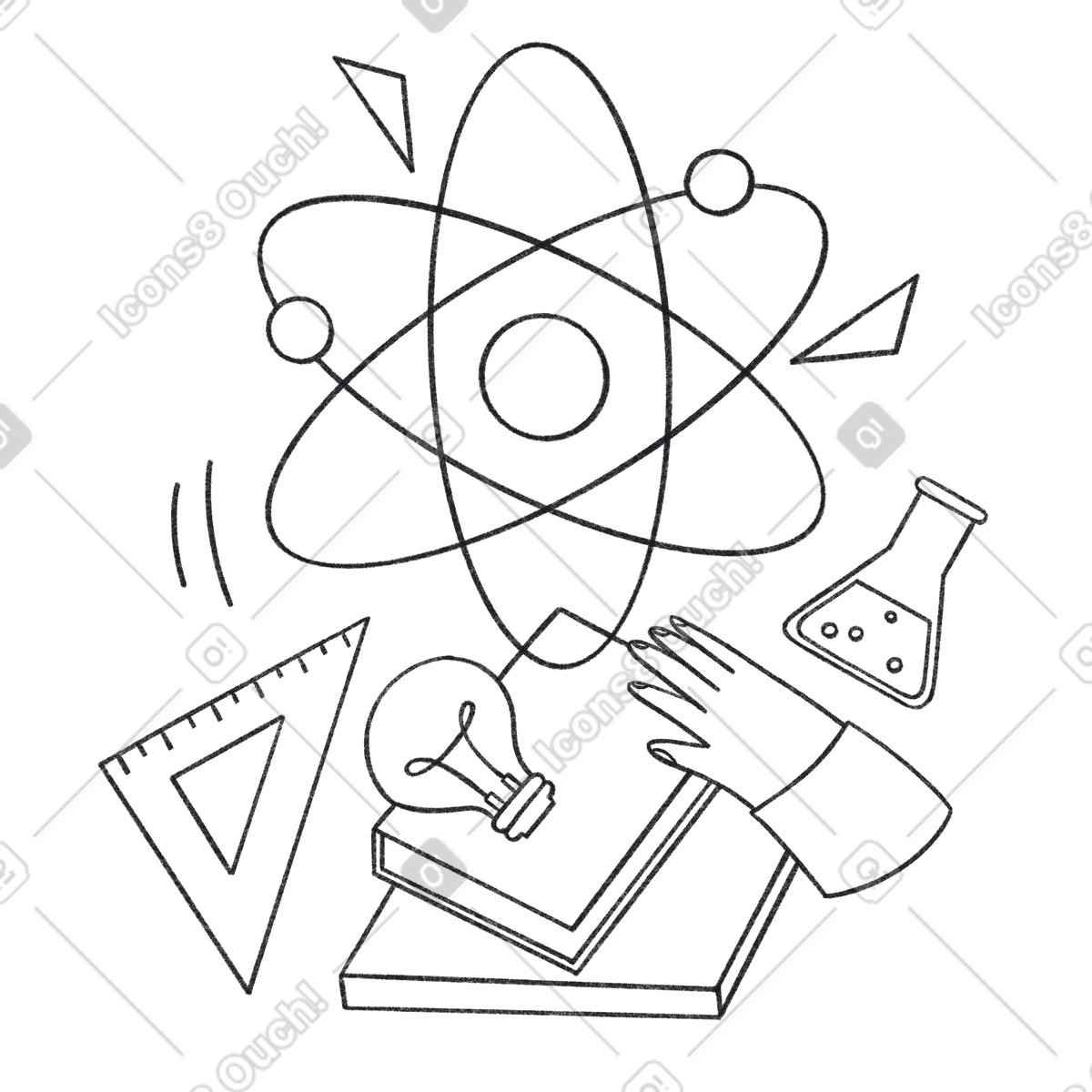 Atomic model, books and lab tools, School science education discovery-Illustration im Bonbon Line-Stil als Download in PNG, SVG