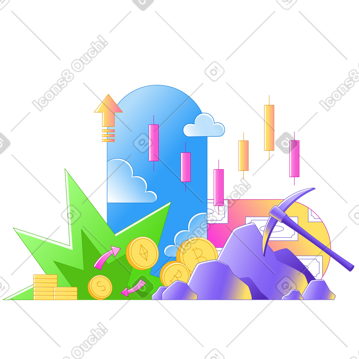 Crypto coins and mining pickaxe with trading charts, Blockchain financial ecosystem illustrazione in stile Rainbow scarica in PNG, SVG