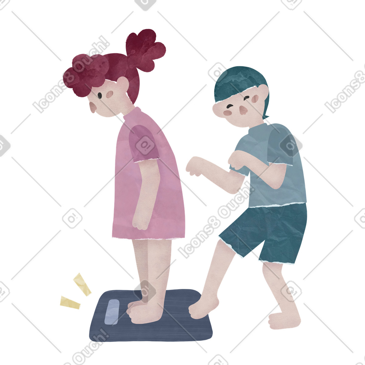 Brother stepping on the back of sister's scale, Something went wrong concept-Illustration im Papery-Stil als Download in PNG, SVG