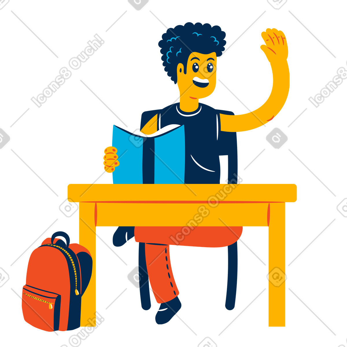 Illustration Étudiant levant un bras en classe dans le style Flame à télécharger aux formats PNG, SVG