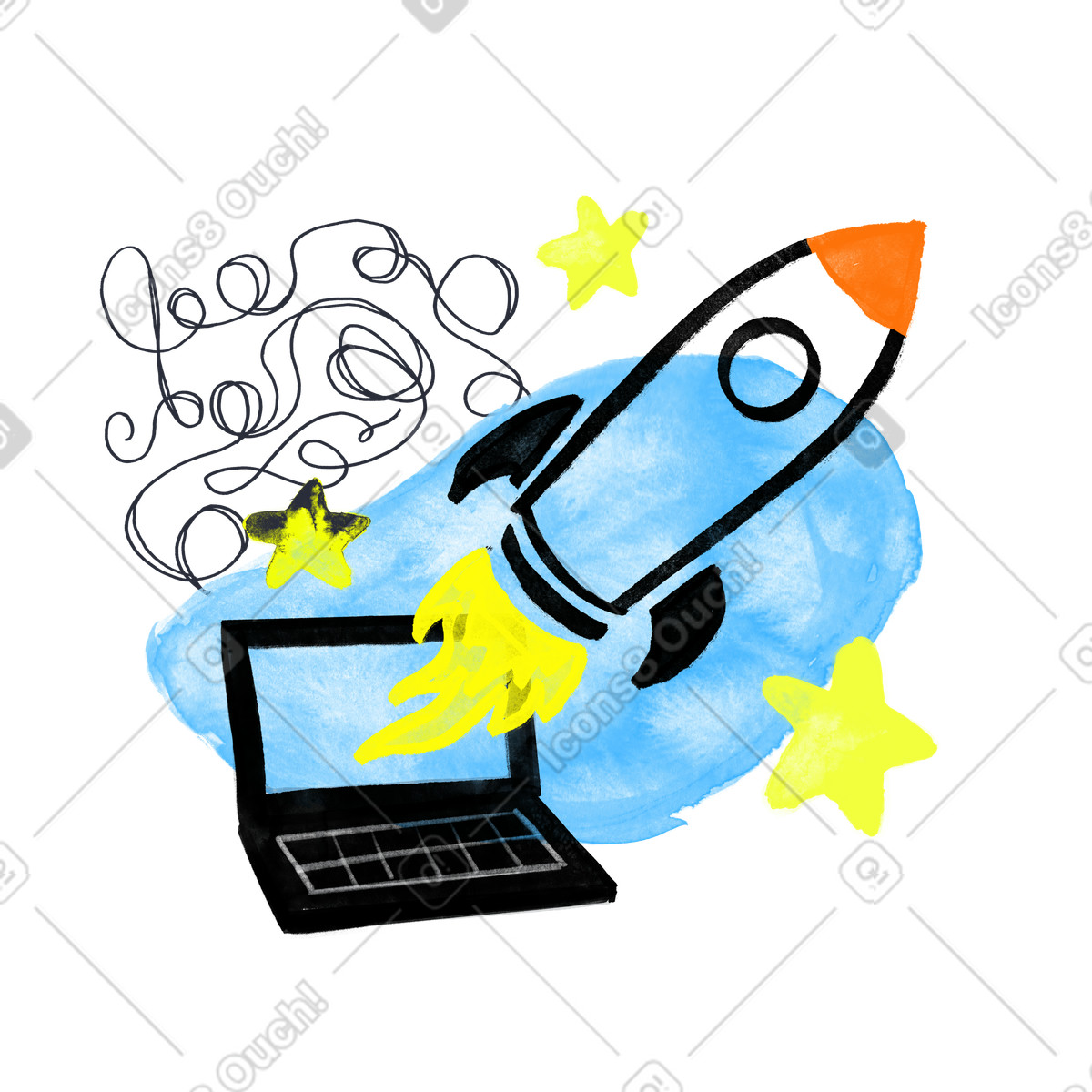 Rocket launch out of laptop illustrazione in stile Inky scarica in PNG, SVG