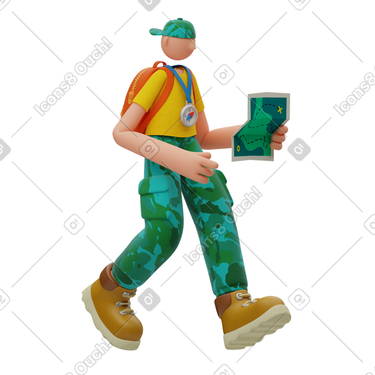 Man with compass and map animated illustration in 3D Rondi style download in GIF, Lottie (JSON), AE