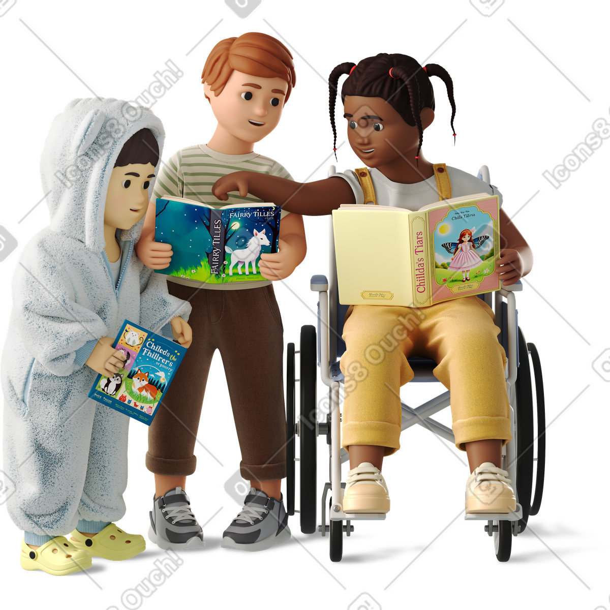 3D Business 스타일의 Children chatting with books 일러스트레이션 PNG, SVG 다운로드