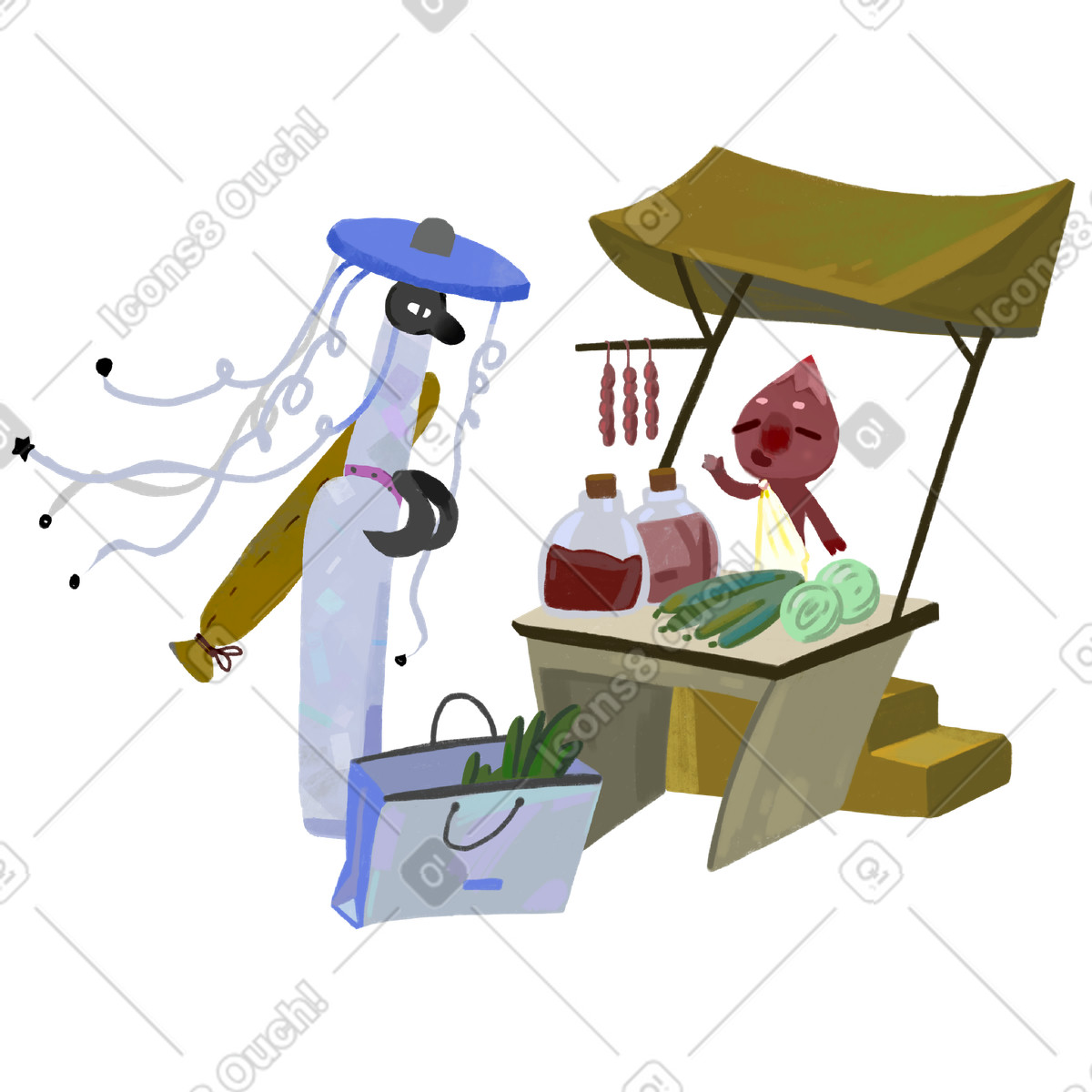 Shopping di personaggi al mercato contadino illustrazione in stile Atomic scarica in PNG, SVG