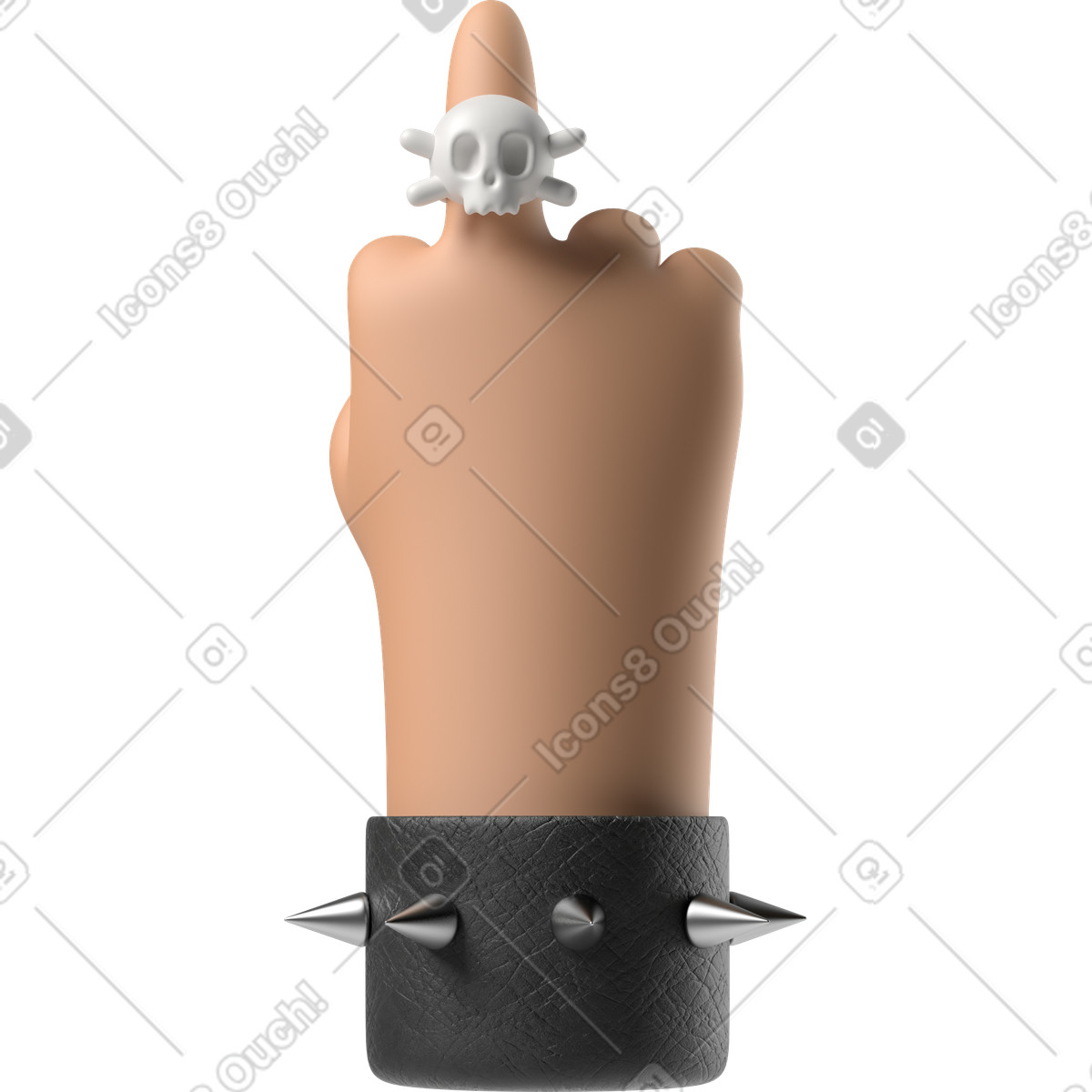 Ilustración Mano de piel bronceada rockero que muestra el dedo medio con anillo calavera en estilo 3D Hands Fun&Wild a descargar en PNG y SVG