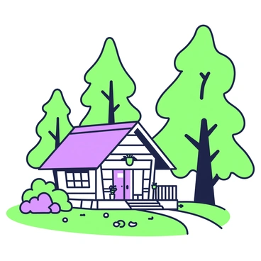 A charming cottage is nestled among tall pine trees in Pahalgam. The cottage features a sloping roof and wooden walls, with a small porch adorned with potted plants. Surrounding the cottage, there are several tall pine trees that reach towards the sky, their trunks sturdy and their branches creating a natural canopy. The ground is covered with a mix of green grass and scattered pine needles, adding to the rustic charm of the scene. A narrow path leads from the cottage door into the forest of trees, inviting exploration and adventure.