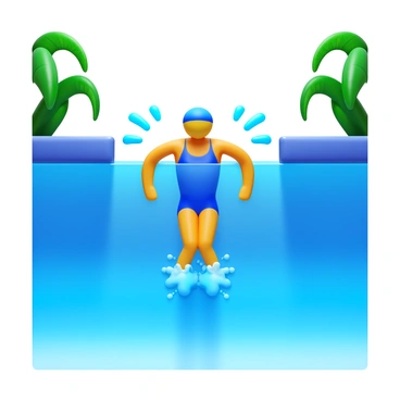 A swimmer in a sleek swimsuit is diving into a clear blue swimming pool. The swimmer is positioned mid-air, arms extended forward, with legs streamlined behind. Water splashes around the point of entry, creating a dynamic arc of droplets. The pool's surface reflects the sunlight, showcasing vibrant blue hues. The surrounding area includes a few green tropical plants in the background, adding a touch of nature to the scene.