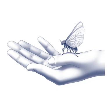 A person is gently holding a cicada in their palm. The cicada is shown with its delicate wings spread open, displaying intricate patterns. The fingers of the person are carefully positioned to avoid harming the insect, with the thumb supporting the bottom. The individual is leaning slightly forward, focused on the cicada, which is perched calmly in their hand. The environment is simple and unobtrusive, allowing the viewer to concentrate on the interaction between the person and the cicada.