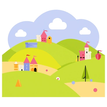 A colorful board game landscape featuring vibrant green rolling hills with varying shades of green and yellow. Scattered throughout the hills are tiny castles, each uniquely designed with colorful roofs in shades of red, blue, and purple. The castles have small windows and flags fluttering at the tops. In the foreground, there are playful game pieces, like a bright yellow pawn and a red knight, positioned on the landscape. The sky above is a bright blue with fluffy white clouds.