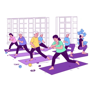 A group of elderly individuals, both men and women, are gently performing pilates exercises in a bright community center. The room is filled with natural light streaming through large windows. Each person is on their own exercise mat, concentrating on their positions. The elderly participants are dressed in comfortable, loose-fitting athletic wear in various colors. Some are performing stretches while others engage in balance exercises. A few colorful exercise props, such as resistance bands and small balls, are scattered around the mats. The atmosphere conveys a sense of community and wellness, with smiles and encouragement shared among the participants.