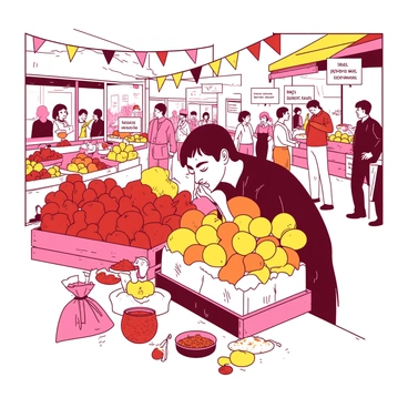 A person stands in a bustling market, surrounded by an array of vibrant fruits displayed in wooden crates. The fruits include red apples, yellow bananas, and orange oranges, creating a colorful scene. Fragrant spices are showcased in small burlap sacks, each labeled with their names. The person is leaning over one of the spice sacks, inhaling deeply, with a look of enjoyment on their face. In the background, groups of people are engaged in lively conversations, adding to the energetic atmosphere of the market. Brightly colored banners flutter overhead, creating a festive vibe.