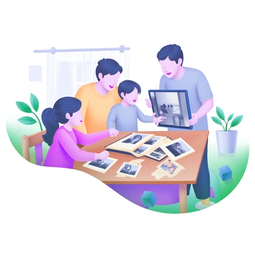 A family gathered around a wooden table, focused on transferring old photos from a vintage album to a sleek digital tablet. The table is covered with scattered photographs, some black and white, and others in faded colors. There are four family members: two adults, a young girl, and a teenage boy, all smiling and engaging with each other. The adults are carefully handling the photos, while the girl eagerly points at a picture. The room is softly lit, creating a warm atmosphere, with a potted plant in the corner and a cozy rug beneath their feet.