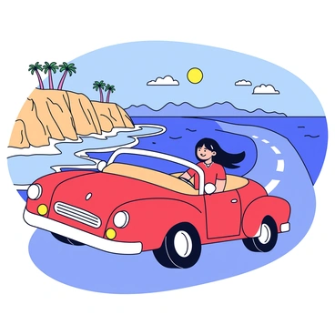 Marianne is seated in the driver's seat of a classic convertible car with a shiny red exterior. The car has a beige interior and its top is down, allowing her long hair to flow in the breeze. The coastal road is winding, with cliffs on one side and the ocean on the other. Waves crash against the rocks, creating white foam. In the background, there are a few scattered palm trees and distant mountains under a clear blue sky. The sun is shining brightly, casting warm light on the scene.