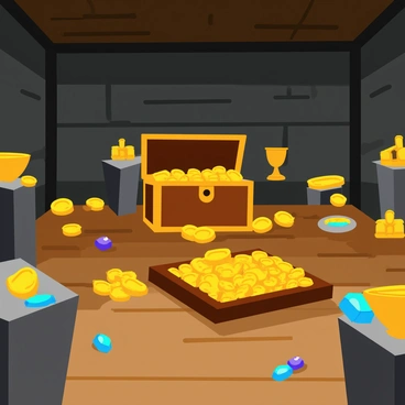 An ancient treasure room filled with golden artifacts and sparkling jewels. The room has stone walls adorned with intricate carvings and a ceiling that appears weathered over time. Various treasures, including golden goblets, ornate jewelry, and glimmering gemstones, are scattered across wooden tables and displayed on stone pedestals. A large chest overflowing with gold coins sits prominently in the center of the room. Soft, warm light illuminates the treasures, highlighting their brilliance against the dark stone background.