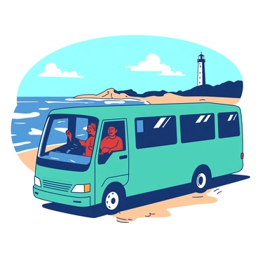 A teal tour bus parked along a sandy beach with a red driver behind the wheel, smiling as he gazes at the expansive seaside view. The ocean waves are gently crashing against the shore, and in the distance, a tall white lighthouse stands on a rocky outcrop. The sky is clear with a few fluffy white clouds, enhancing the vivid colors of the scene. The bus has large windows that reflect the sunlight, creating a warm atmosphere around the driver.