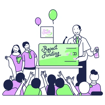 A community leader is standing at a podium, holding a giant check with the words "Project Funding" clearly visible. The leader is wearing a formal suit and smiling, addressing a local project team positioned next to them. The team members, dressed in matching shirts, are clapping and beaming with pride. In front of the podium, a crowd of supporters is gathered, some holding banners with the project's name and logo. There are colorful balloons rising above the crowd, and a few people are taking photos with their phones, capturing the moment of celebration.