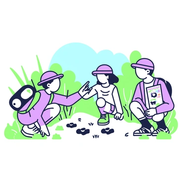 A group of children is crouching down and observing animal tracks in the soil at a nature reserve. They are surrounded by tall grass and small shrubs. One child points excitedly at a set of paw prints, while another child is holding a field guide showing pictures of local wildlife. A third child kneels beside the tracks, trying to identify the animals that made them. In the background, there are trees and a clear blue sky. The children are wearing hats and backpacks, indicating they are prepared for a day of exploration.