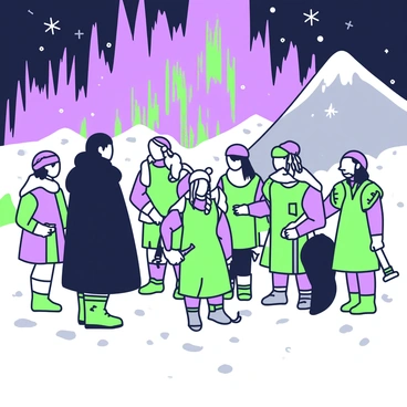 Jon Snow is standing in a snowy landscape, facing a group of Wildlings. He is dressed in a black fur cloak that billows slightly in the cold wind. The Wildlings, wearing rugged clothing suited for the harsh climate, are gathered around him. Some of them have long, braided hair and others wield weapons like axes and swords, showcasing their strength and resilience. Above them, the Northern lights are visible, casting vibrant patterns across the night sky. The scene captures the tension and camaraderie of this important meeting, with snowflakes gently falling around them.