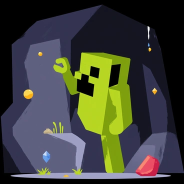 A green Minecraft creeper with a pixelated texture is lurking in a dimly lit cave. The cave walls are rugged and rocky, adorned with various colorful ores, including shiny blue diamonds, bright yellow gold, and deep red rubies. Shadows play across the cave, emphasizing the creeper's menacing stance as it hides behind a large gray boulder. Stalactites hang from the cave ceiling, and small patches of glowing moss are scattered on the ground, adding a hint of light to the dark environment.