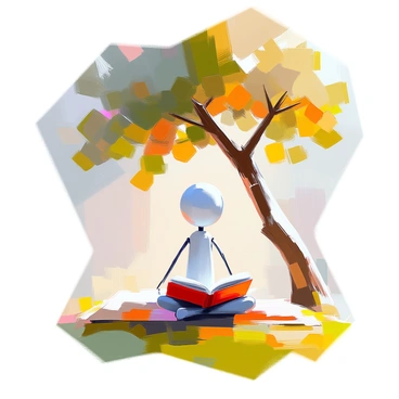 A stickman figure with simple lines and a minimalist design is sitting cross-legged under a large, leafy tree. The tree has a sturdy trunk and a wide canopy providing ample shade. The stickman is holding an open book, and his facial expression is tranquil, suggesting a moment of contentment. Sunlight filters through the leaves above, casting dappled shadows on the ground around him. The surrounding area is a grassy patch, adding to the serene atmosphere of the scene.