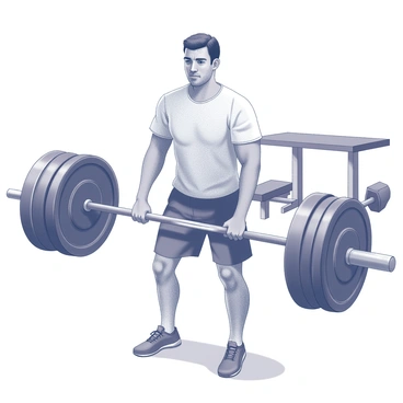 A person is lifting a barbell in a gym setting. The individual has a focused expression, showcasing their determination. Their posture is strong and upright, with feet firmly planted on the gym floor. The weights on the barbell are clearly visible, indicating a heavy load. In the background, there are various gym equipment pieces, such as benches and dumbbells, arranged methodically. Sweat can be seen on the person's forehead, emphasizing their effort and inner strength.